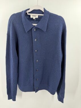 YMC 100% Wool Navy Button-Up Polo Cardigan Sweater Size Large Men’s New